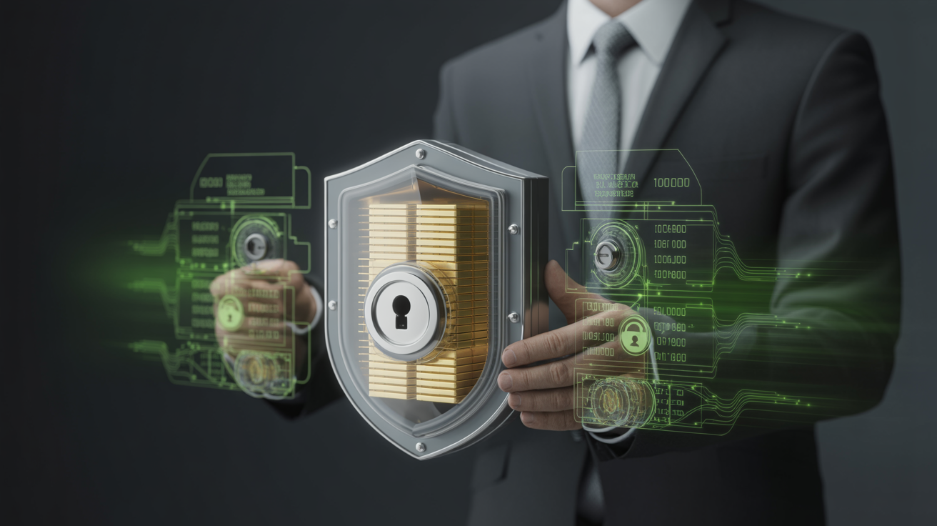 Financial security concept with digital vault and encrypted protection elements